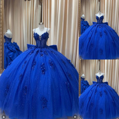 Royal Blue Glitter Quinceanera Dresses with Bow Sweet 15 3D Flowers Ball Gowns