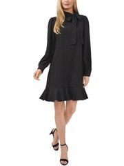 CeCe Black Chiffon Long Blouson Sleeve Tie Neck Ruffle Hem Lined Dress Size 8