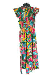 Sugarlips Smocked Bodice Tiered Midi Dress 100% Cotton Floral Women Size X-Small