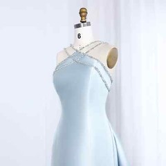 Exquisite Blue Satin Ball Dress Sleeveless Zipper Rear Sweep Train Evening Gown