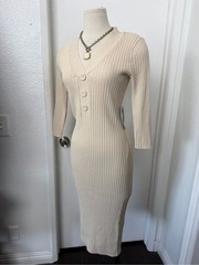 eva mendes for New York & Company Cream Ribbed V-Neck Button Midi Dress