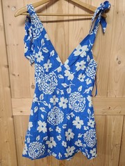 billy j Blue White Floral V-Neck Sleeveless Bow Zip Mini Dress Size 8