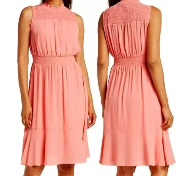 Nanette Lepore Dress Light Flamingo Chiffon Ruffle Smocked Coral 6 MSRP$138
