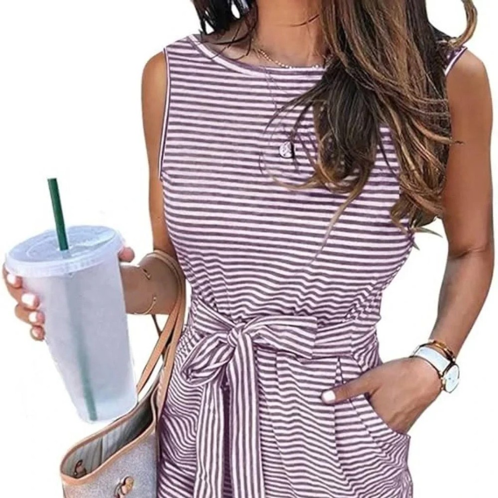 MEROKEETY Women&rsquo;s Pink & White Striped Sleeveless Pocketed Dress Size M NWT