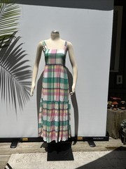 Ann Taylor LOFT Dress Women XXS Pink Green Plaid Tiered Sleeveless A Line Maxi