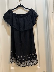 Old Navy Dress Cold Off Shoulder Sleeve Black White Floral Eyelet Hem Small