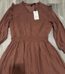Sweet Salt Brown Check V-Neck Puff 3/4 Sleeve Smocked Lined Knee Dress L