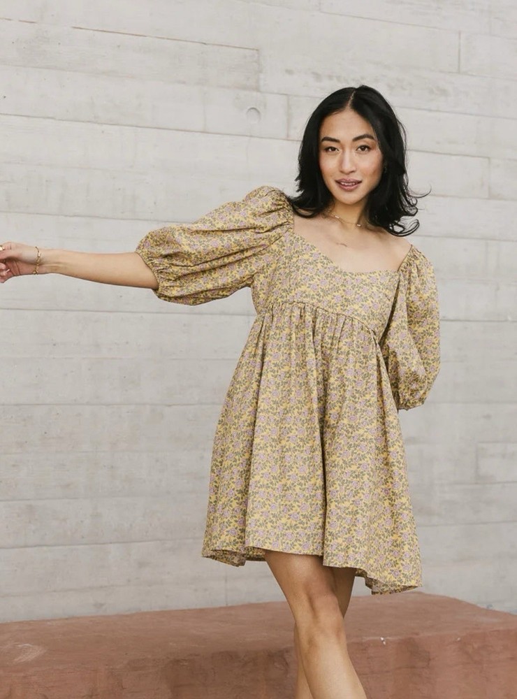 NEW Things Between Bohome Floral Mustard Mini Dress Medium Milkmaid Cottagecore