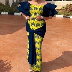 African Women Dress Ankara Print Flare Sleeve Ankle Length Strapless Party Dress