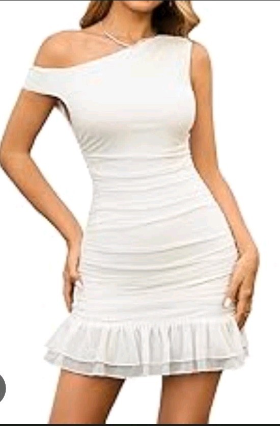 EYNMIN Women’s One Shoulder Ruched Bodycon Mini Dress White XL New With Tags