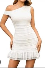 EYNMIN Women’s One Shoulder Ruched Bodycon Mini Dress White XL New With Tags