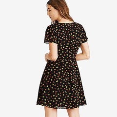 Madewell Silk Button-Front Swing Mini Dress Size 4 Black Feline Floral Soft Girl