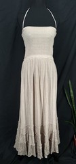 Tiered Smocked Boho Maxi Dress S Flowy Open Back Romantic Beach Beige Gauzy Long