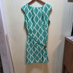 AGB Dress Womens 16 Green Geometric Sleeveless Sheath Knee Length Belted Career