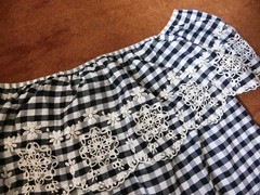 Forever21 Navy& White Gingham Off Shoulder Embriodered Ruffle Summer Dress -S