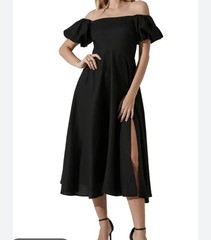 ASTR THE LABEL Smocked Off The Shoulder Black Midi Dress Small Linen Whimsigoth