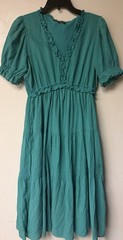 Hudson Gray Green Solid V-Neck Fit & Flare Ruffle Puff Sleeve Midi Dress S