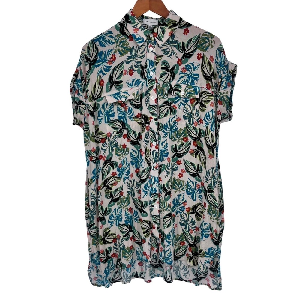 Lost + Wander Tropical Monstera Floral Rayon Button Down Dress M/L Vacation