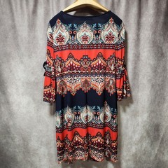 Chetta B Women 10 Navy Blue Coral Paisley Bell Sleeve Shift Dress Boho Career