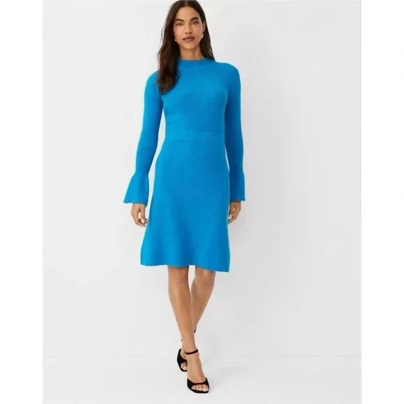 NWT $179 Ann Taylor Ribbed Button Cuff Sweater Dress blue sz M