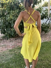 Lumiere Chartreuse yellow Button-Front Midi Dress Sz S Square Neck Open Back