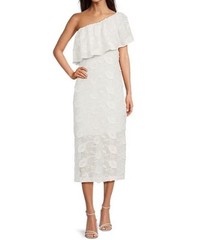 Abbey Glass Sutton Lace 3D Floral Ruffle One Shoulder White Midi Dress Large NWT