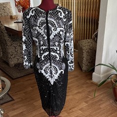 Black White Geometric Beaded Sequin Long Sleeve Sheath Dress Art Deco Formal