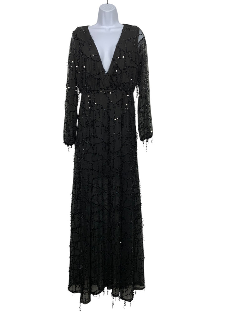 NWT Miss Ord Women size M Black Sequin Drop Sheer Maxi Dress Plunging V-Neck