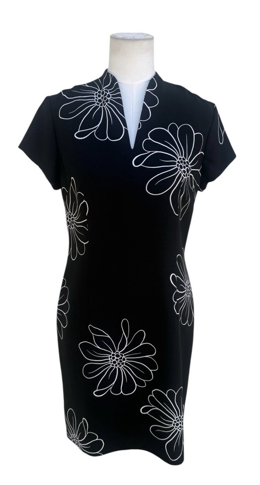Amanda Smith Dress Womens 6 Black White Floral Sheath Shift Career Office Work