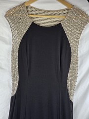 Cache Elegant Black Rhinestone Gown with Nude Mesh Top Side Zipper Size 12