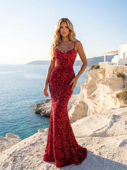Long Red Stretch Velvet Sequin Lace Up Back Prom Dress Size 8 Formal Gown