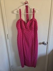 Vixen by Micheline Pitt Pink/Black Polka Dot Satin Sweetheart Midi Sheath 2X