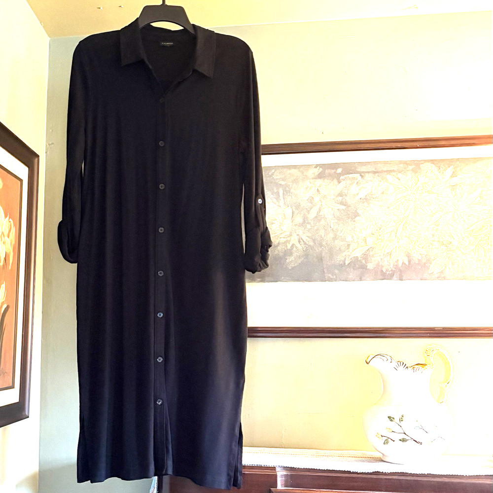 Talbots Button Front Long Sleeve Roll Cuff Black Shirt Dress M