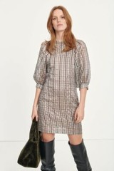 SAMSOE SAMSOE Gold Check Stripe 3/4 Puff Sleeve Celestine Back Button Dress L 10
