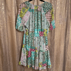 Umgee Metallic Boho Multi Print Patch Mini Dress Green Mix Large