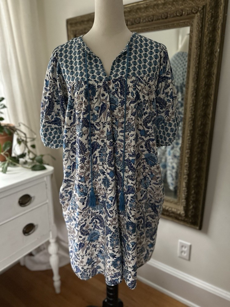 Knox Rose L Dress Boho Cottagecore Puff Short Sleeves Blue 36 Inches Long V Neck