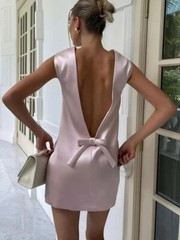 Satin Mini Dress Women Sexy Backless Bow Clothes Sleeveless Evening Tank Dresses