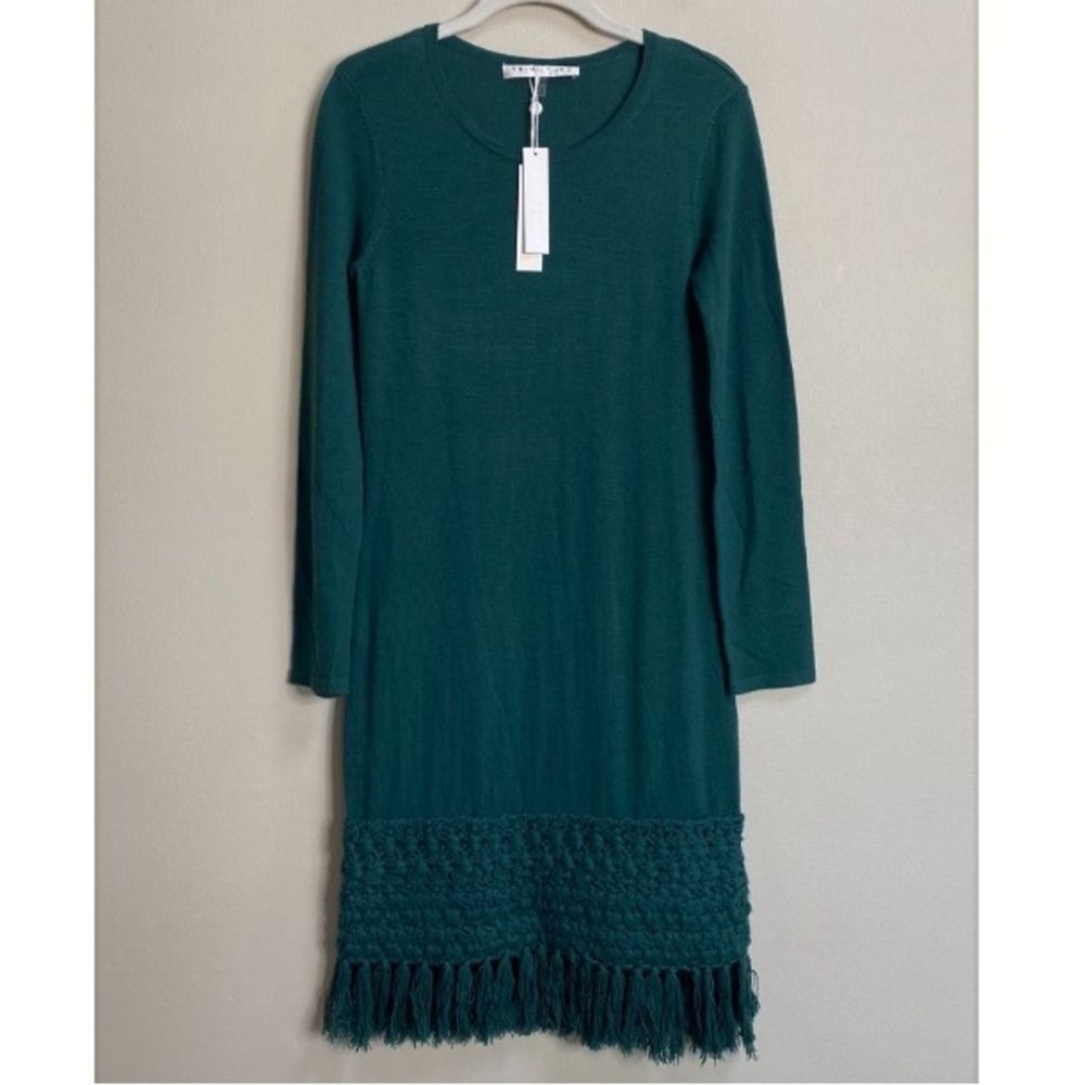 Trina Turk Bottle Green Over Ice Merino Wool Sweater Dress With Tassel Hem XS