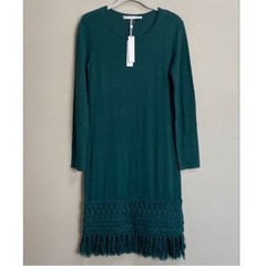 Trina Turk Bottle Green Over Ice Merino Wool Sweater Dress With Tassel Hem XS
