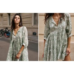 DAUGHTERS OF INDIA Kyra Mini Dress Floral Block Print Cotton Voile Jade Green L