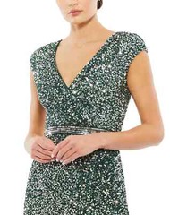MAC DUGGAL 5489 Forest Green Sequin Beaded High Slit Ruched Maxi Gown Dress 12