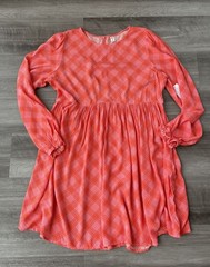 BP Orange Pink Plaid Dress Size L Long Sleeve NWT Pleated Womens