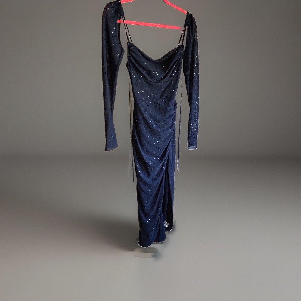 HTZMO Blue Glitter Mesh Ruched Sheer Stretch Midi Bodycon Dress Size XS