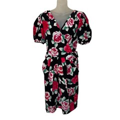 Vintage Nipon Boutique Silk Dress 8 Black Airbrushed Roses Side Bow Wrap Look