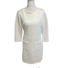 Coquette White Mini Shift Dress Quilted Sz 8 Gold Buttons Quiet Luxury Mod 60s
