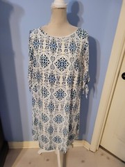 Worthington Large Dress Womens White And Blue Slit Sleeve Shift Round Neck