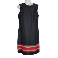 Coldwater Creek Dress Size 12 100% Silk Black Sleeveless Sheath Striped Hemline