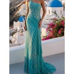 One-Shoulder hand beaded aqua Evening Gown stretch fabric attitudes by Debra