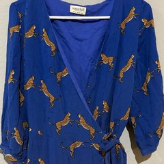 Sugarhill Aisha 70s dancing cheetahs Blue Wrap Dress midi