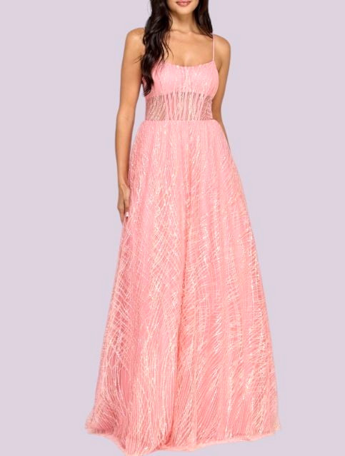 $209 Say Yes Junors&rsquo; Illusion-Front Lace-up-Back Glitter PROM Gown Size5/6 Blush